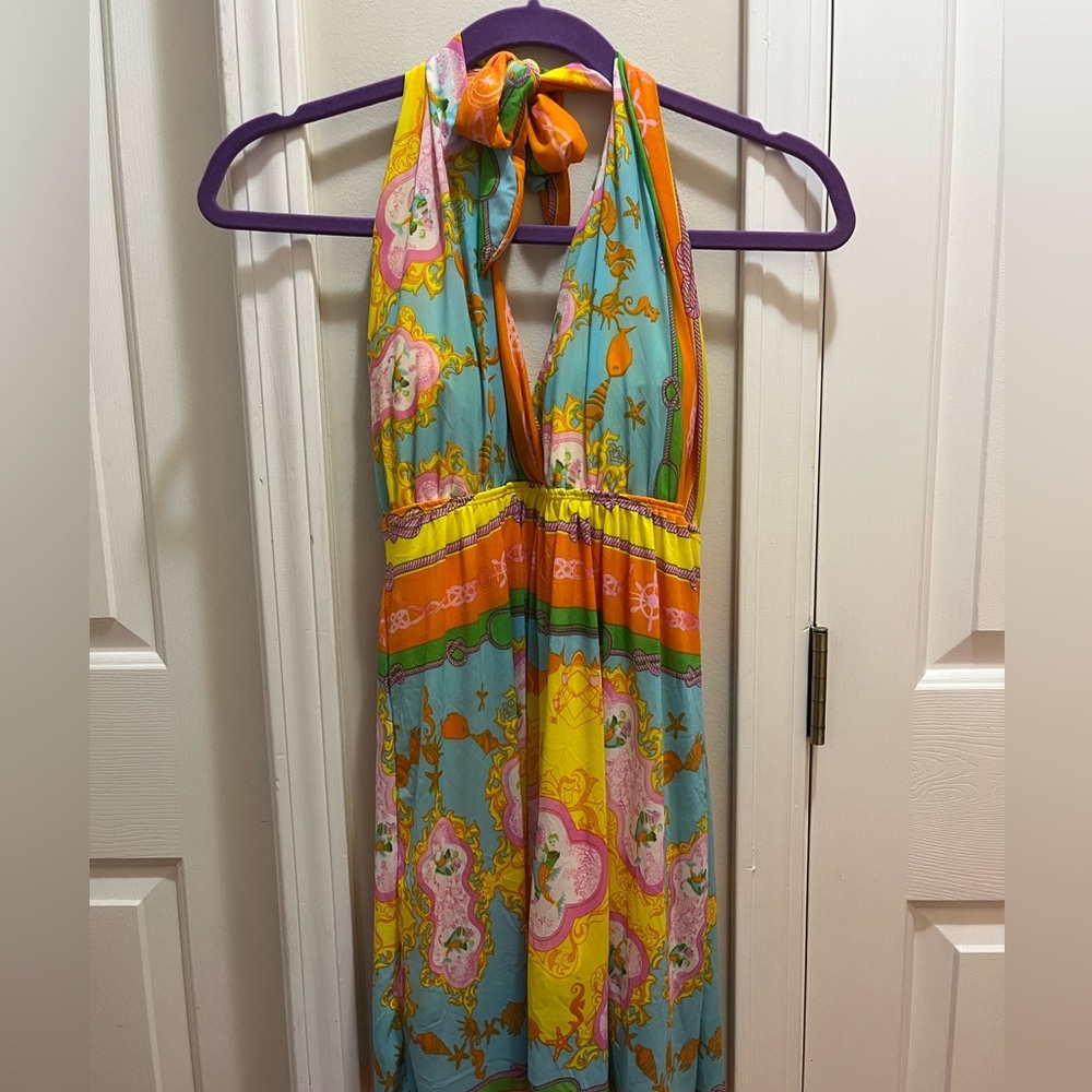Colorful vintage Halter top with padded bra. Mermaids in seahorses nautical